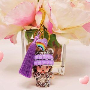 Keychain, Cute Monchichi Tassel with a Heart, bag pendant